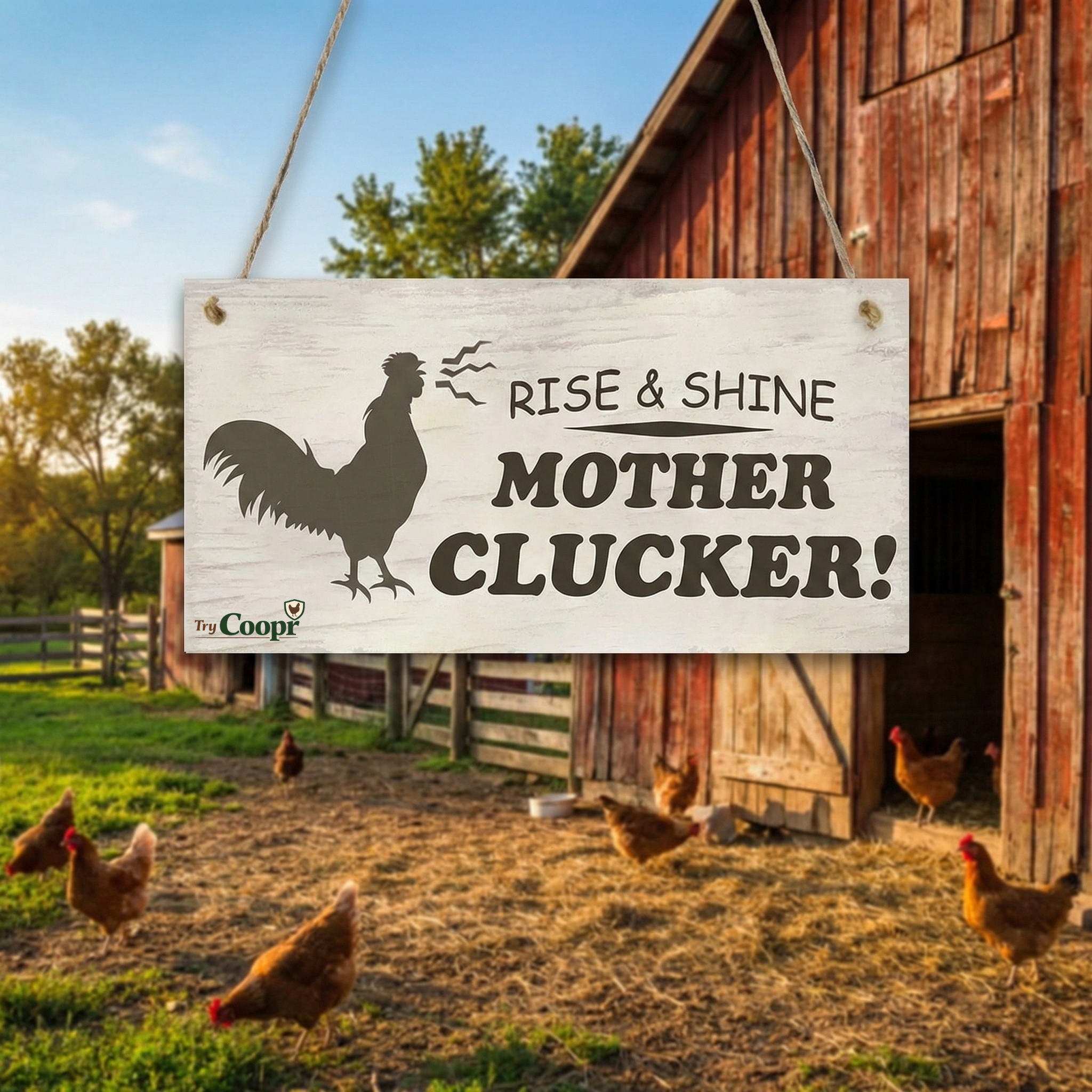 Coopr™ Coop Sign — "Rise & Shine" Rustic Wooden Hanging Plaque